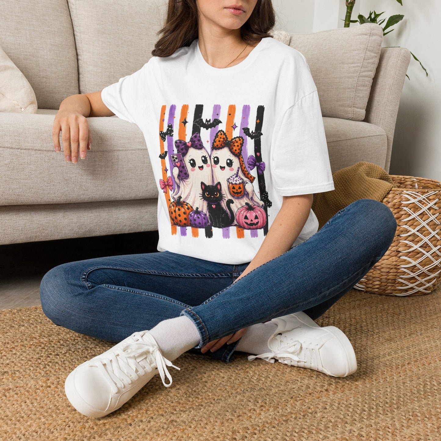 Halloween Ghosts & Cats T-Shirt — Cute Spooky Stripes with Bows (Pumpkin, Bat, Trick-or-Treat)
