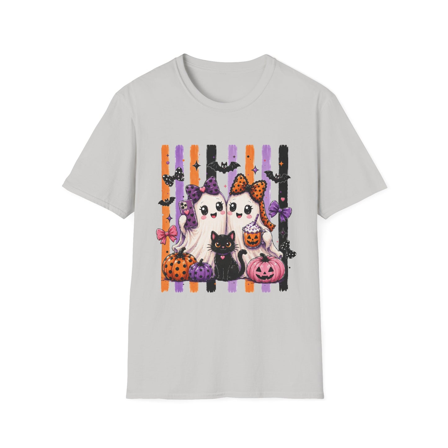 Halloween Ghosts & Cats T-Shirt — Cute Spooky Stripes with Bows (Pumpkin, Bat, Trick-or-Treat)