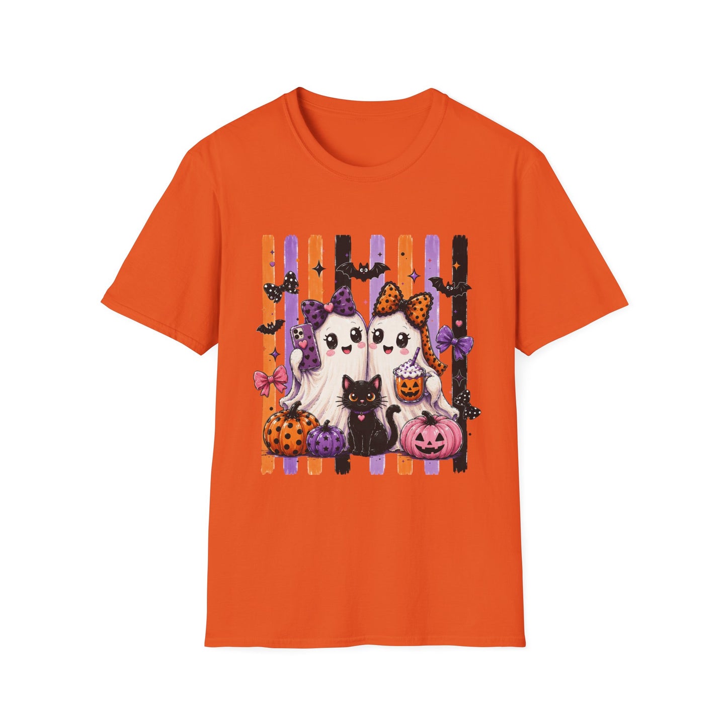 Halloween Ghosts & Cats T-Shirt — Cute Spooky Stripes with Bows (Pumpkin, Bat, Trick-or-Treat)