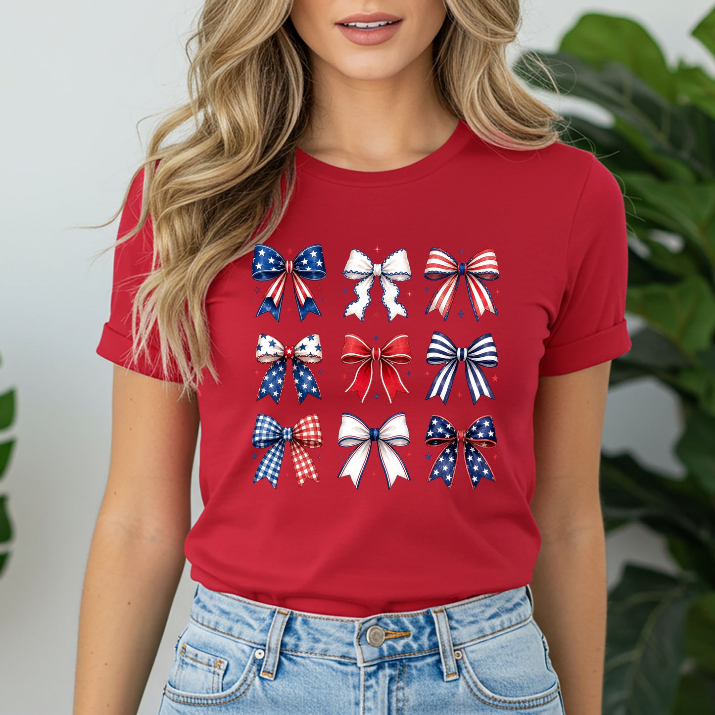 Patriotic Bow Print Tee — Red White & Blue Ribbon Graphic T-Shirt