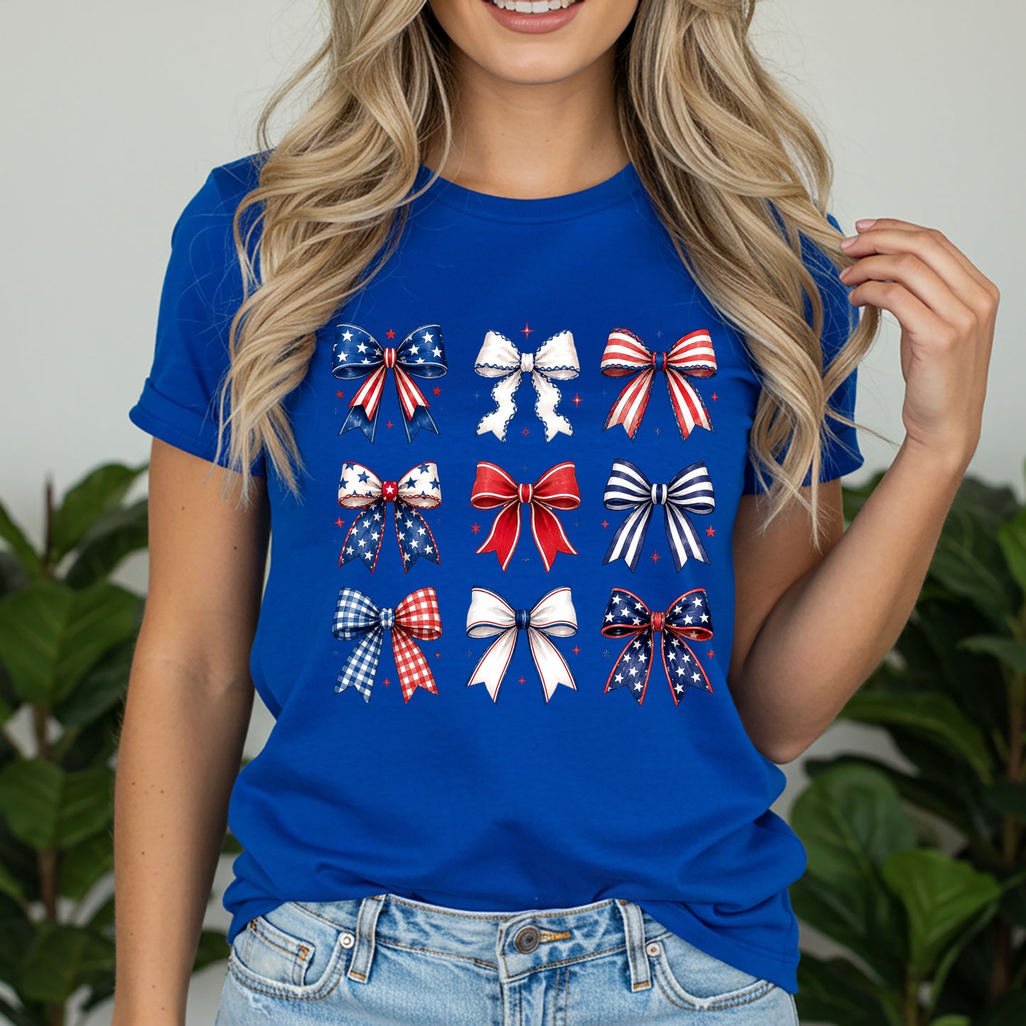 Patriotic Bow Print Tee — Red White & Blue Ribbon Graphic T-Shirt