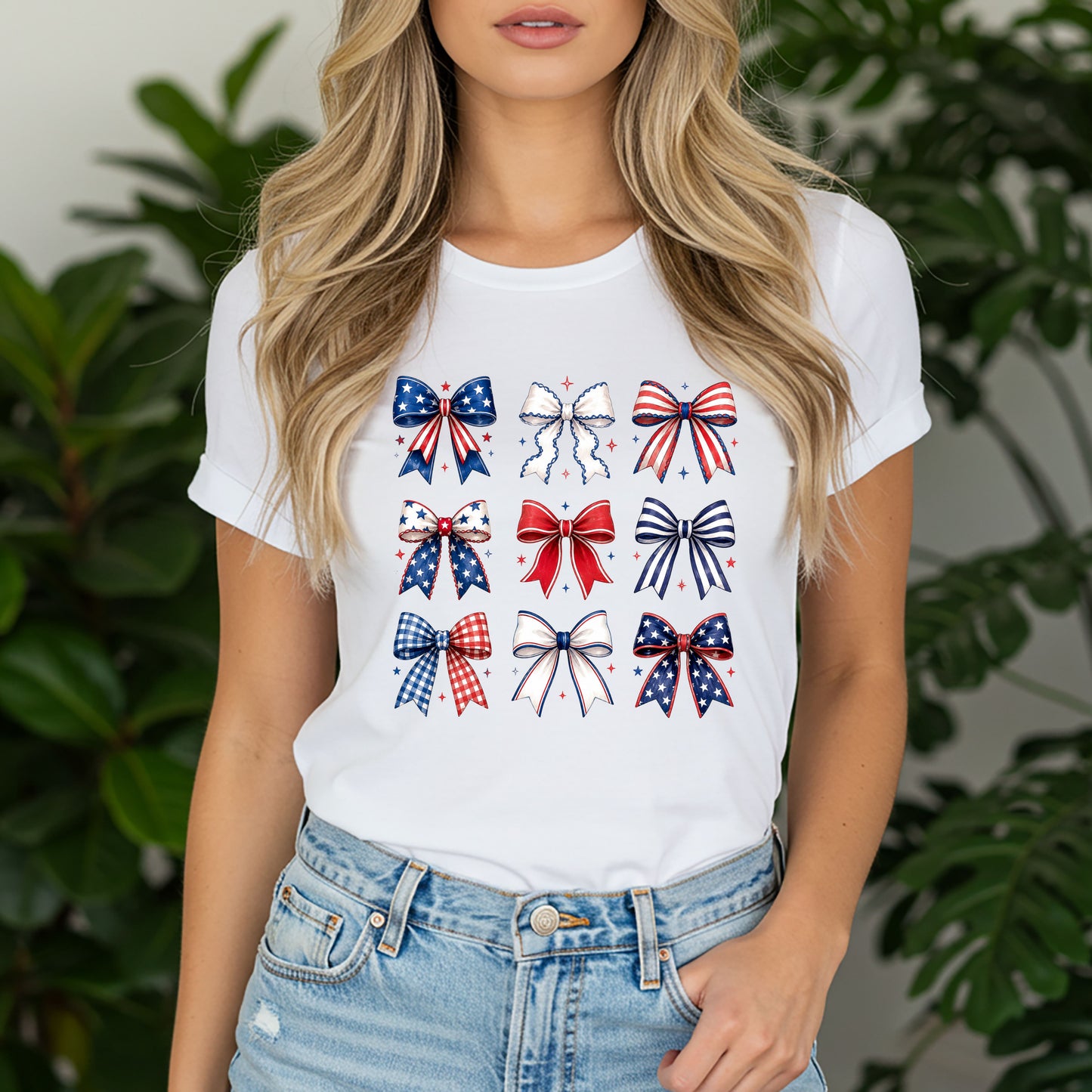 Patriotic Bow Print Tee — Red White & Blue Ribbon Graphic T-Shirt