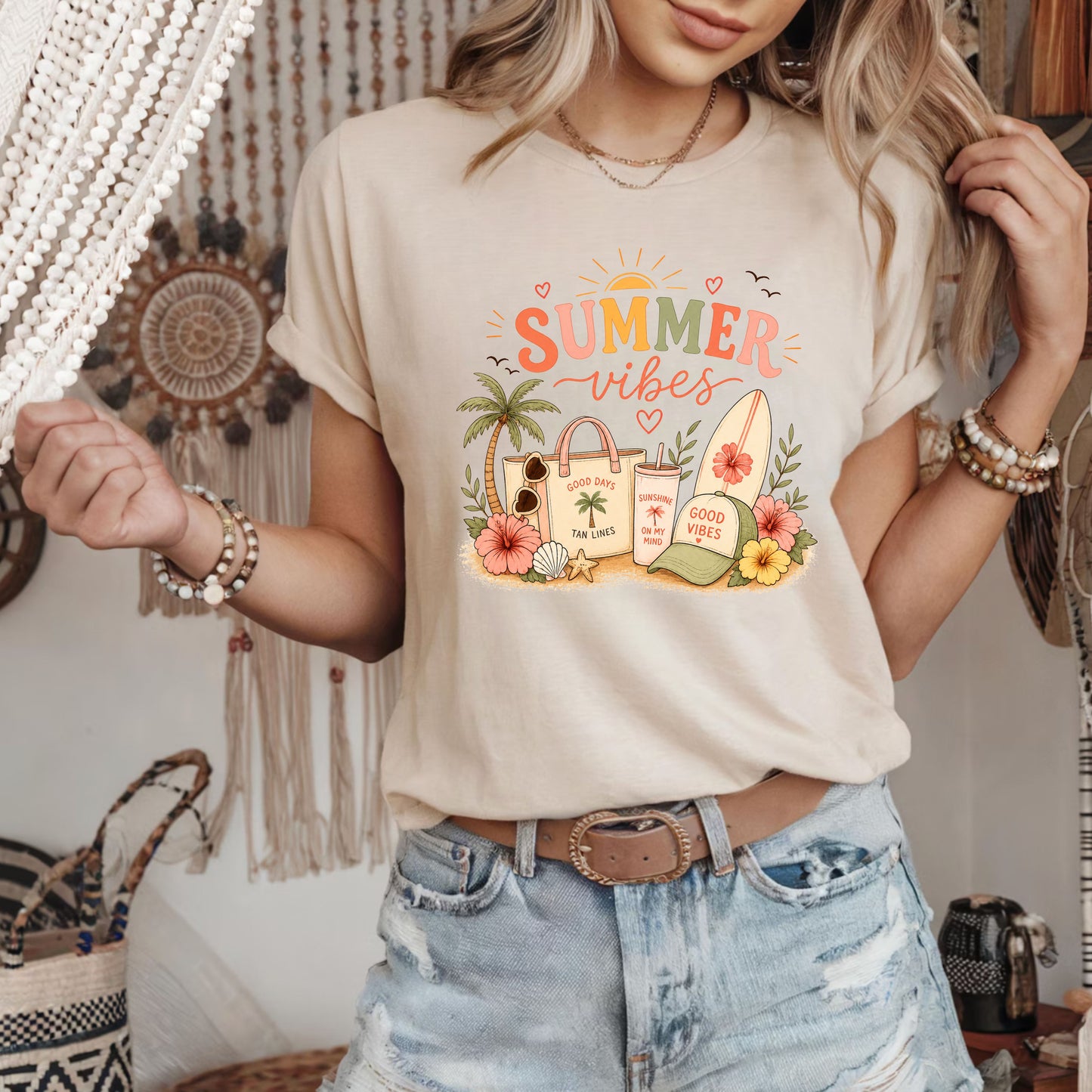 Summer Vibes Graphic Tee — Beach Tote & Surfboard Shirt