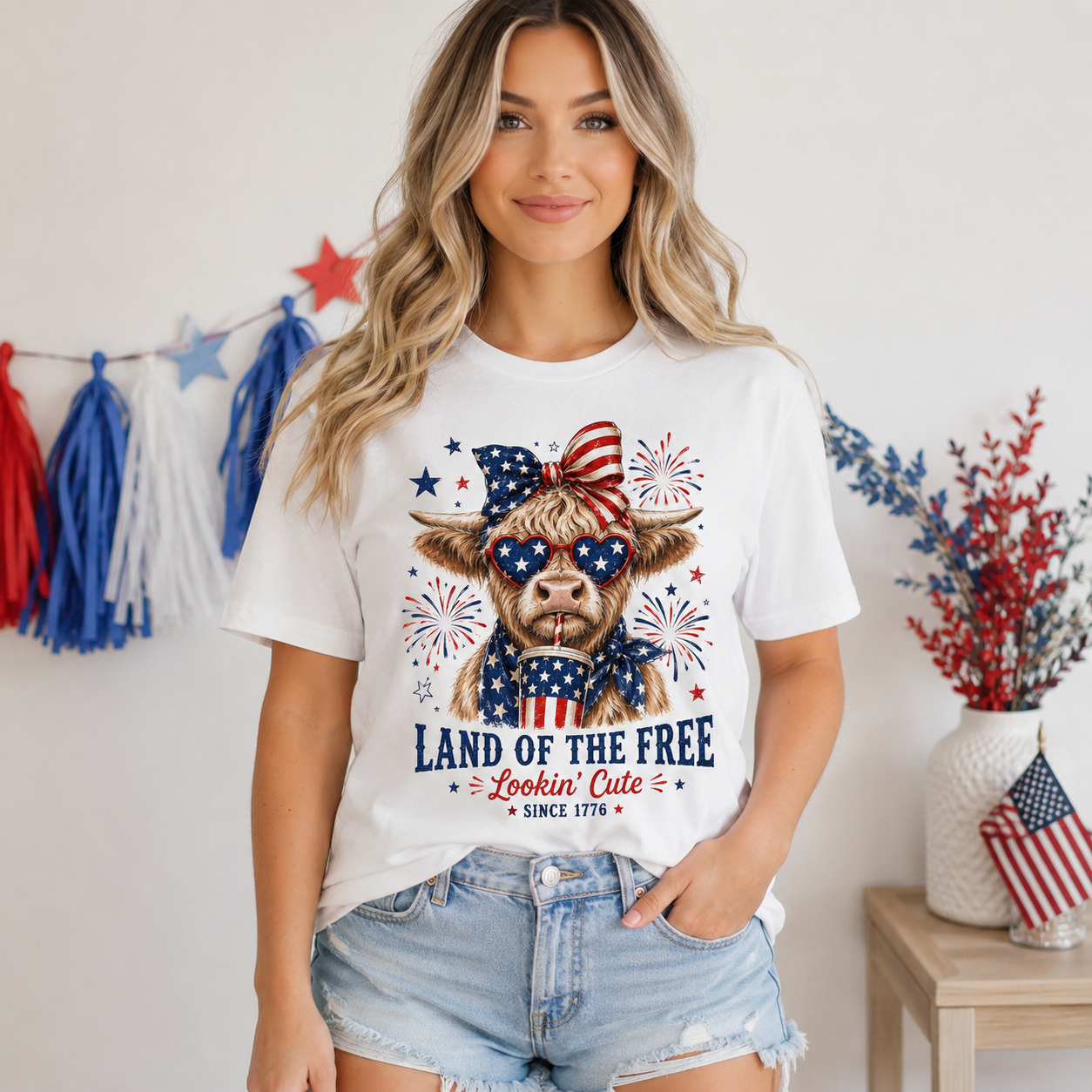 Festive Highland Cow Fourth of July Tee