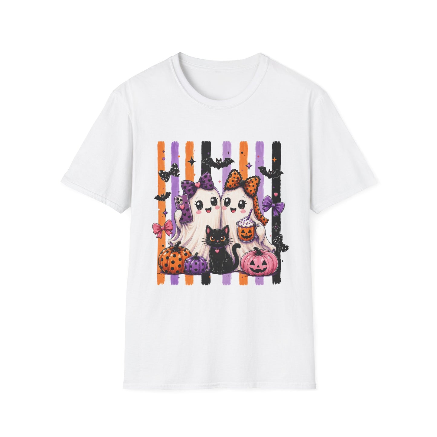 Halloween Ghosts & Cats T-Shirt — Cute Spooky Stripes with Bows (Pumpkin, Bat, Trick-or-Treat)