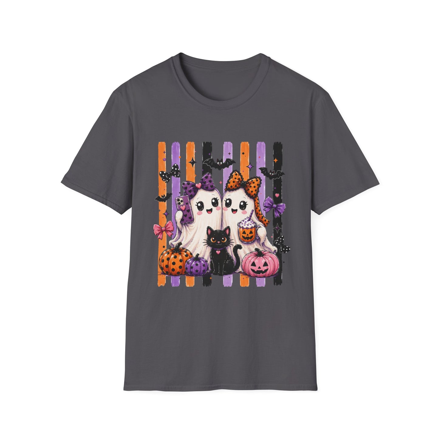 Halloween Ghosts & Cats T-Shirt — Cute Spooky Stripes with Bows (Pumpkin, Bat, Trick-or-Treat)